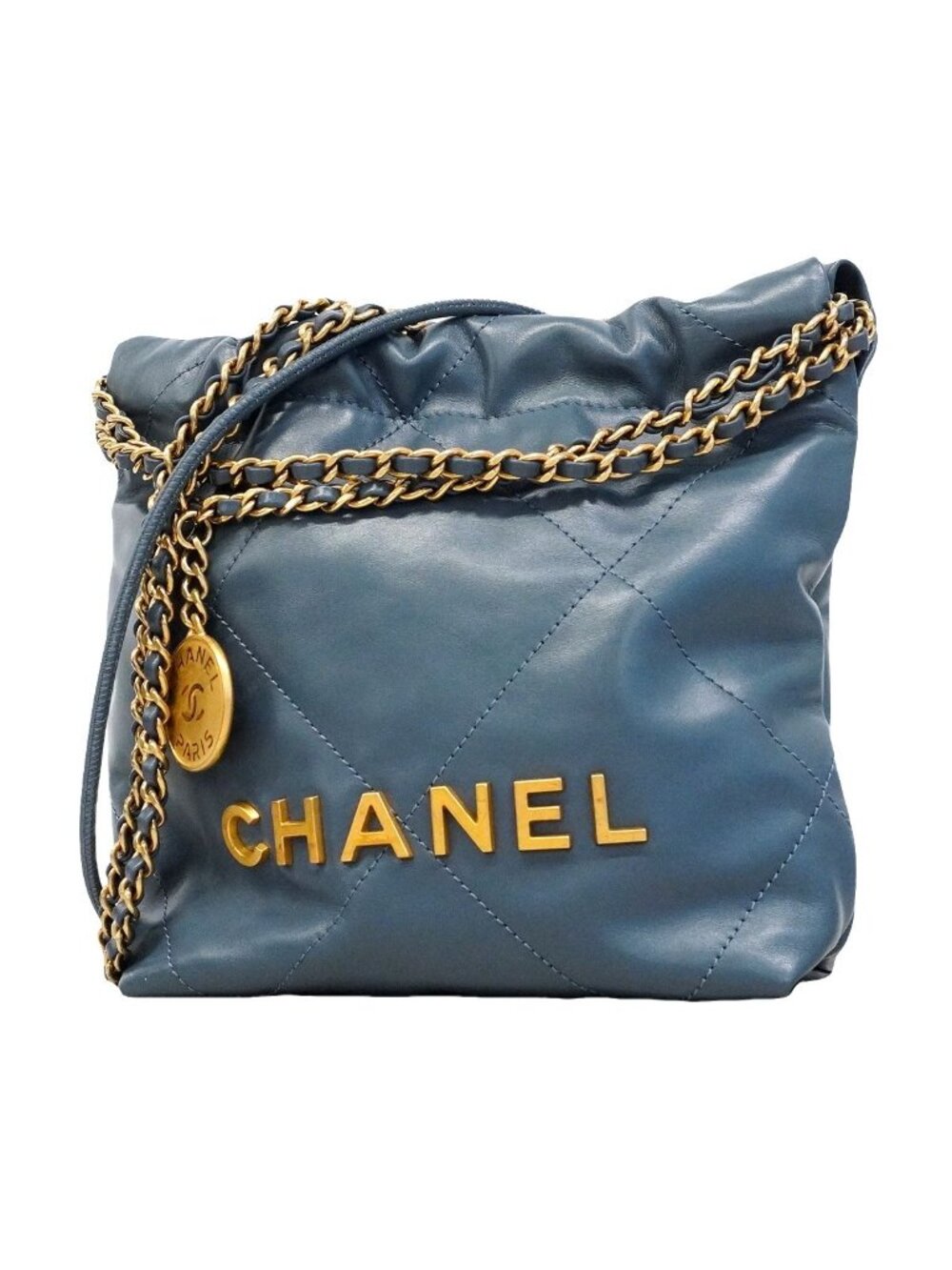 Chanel Shoulder Bag Calfskin Blue Gold
